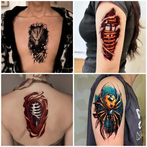 Miniatura 6 de 77 hojas de tatuajes temporales realistas en 3D para adultos y niños, calavera de araña, tigre, león, dragón, serpiente, tatuajes temporales
