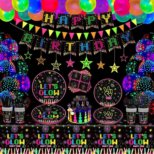 238 piezas de suministros de fiesta de neón que brillan en la oscuridad, decoraciones de fiesta de luz negra, juego de vajilla para fiesta, platos,