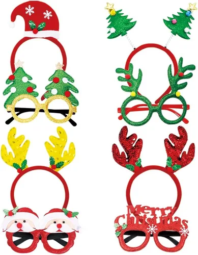 BOLZRA Diademas de Navidad para fiestas, marcos de gafas con renos y árbol de Navidad, diseños de purpurina para disfraces de vacaciones, cabina de