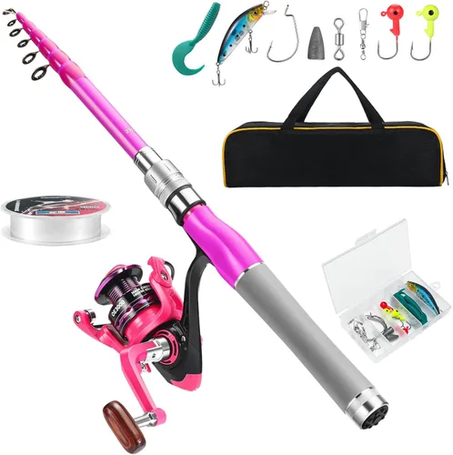 Combos de caña de pescar y carrete, kit de caña de pescar telescópica de fibra de carbono con carrete giratorio, línea de pesca, señuelos de pesca,