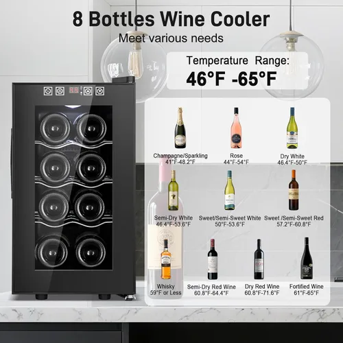 Miniatura 5 de Tylza Refrigerador de vino de 8 botellas, bodega con puerta de vidrio templado de baja emisión, pantalla táctil LED, cerradura, sin escarcha, sin