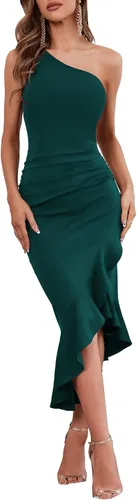 HUHOT Vestido largo formal de un hombro para mujer sin mangas ajustado fruncido dobladillo con volantes cóctel fiesta graduación vestido largo