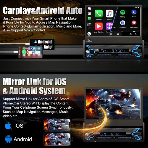 Miniatura 2 de Estéreo de automóvil de un solo DIN compatible con Apple Carplay y Android Auto, pantalla táctil HD plegable motorizada con flip de 7 pulgadas