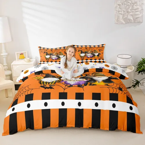 Miniatura 2 de Manfei Juego de funda de edredón de gnomos lindos tamaño individual, juego de ropa de cama con temática de Halloween, 2 piezas para decoración