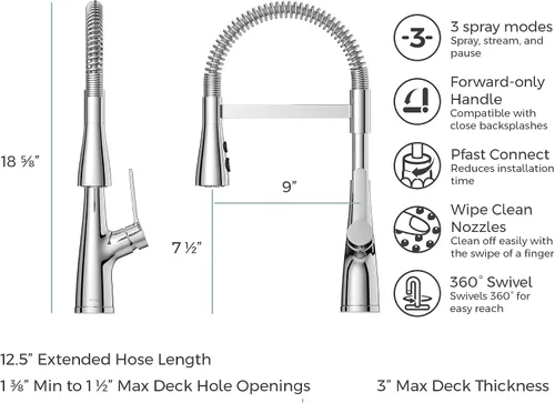 Miniatura 2 de Pfister Neera - Grifo de cocina de estilo comercial con rociador desplegable de una sola manija, acabado dorado cepillado de arco alto, 3 ajustes