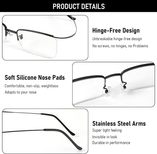 Miniatura 4 de DXYXYO Paquete de 2 lentes de lectura de metal con bloqueo de luz azul, para hombres y mujeres, ultra ligeros, medio marco