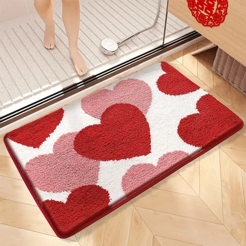 Tapete de baño rojo súper absorbente, antideslizante y lavable a máquina, tapete grueso para baño (24 x 16 pulgadas, corazón rojo)