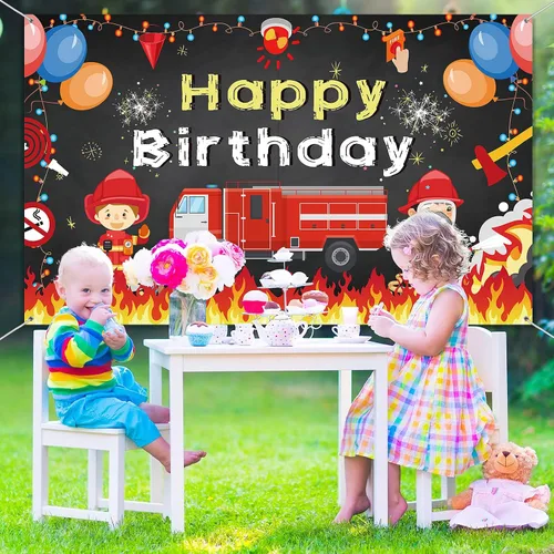 Miniatura 7 de Tatuo Cartel de fondo de fiesta de cumpleaños de camión de bomberos, 71 x 43 pulgadas, decoración de cumpleaños para niños y niñas, decoración