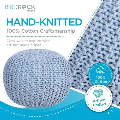 Miniatura 4 de BIRDROCK HOME Puf Otomano Redondo Taburete de Pie de Algodón Trenzado con Relleno de Frijoles Reposapiés Bohemio para Sala de Estar y Dormitorio