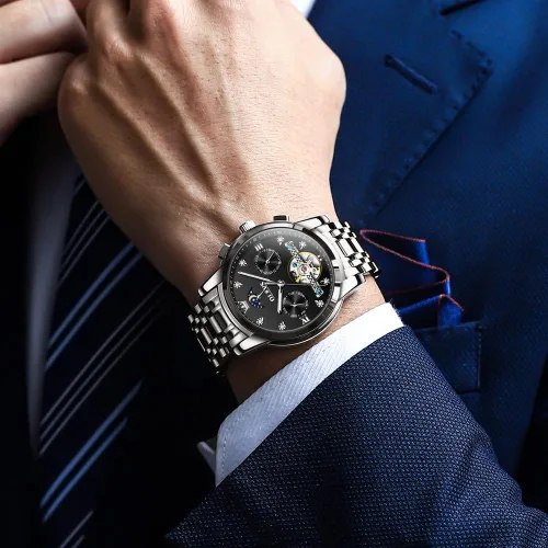 Miniatura 3 de OLEVS Men Automatic Watch Skeleton Moon Phase Dial Luxury Dress Stainless Steel Strap 5 Hands Diamond Men Wrist Watches