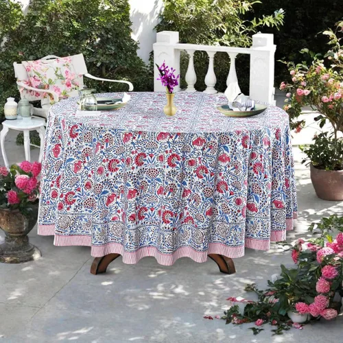 Miniatura 3 de Ridhi Mantel redondo con estampado de bloque a mano, 100% algodón, reutilizable, color rosa flamenco, de 60 pulgadas, mantel decorativo para uso