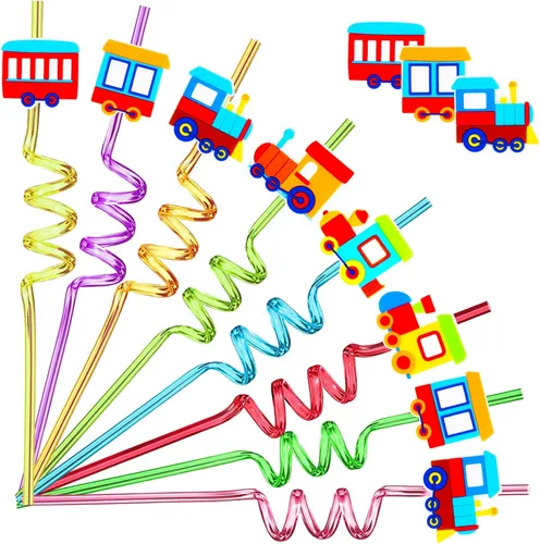 Paquete de 24 pajitas con forma de tren – Pajitas de plástico reutilizables con decoración de dibujos animados – Suministros para fiestas de niños –