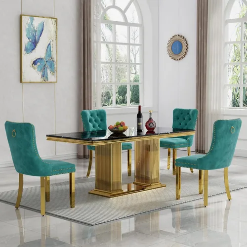 Miniatura 35 de HomVent Juego de mesa de comedor moderna de mármol sintético para 4 personas, mesa de cocina rectangular con 4 sillas beige (dorado)