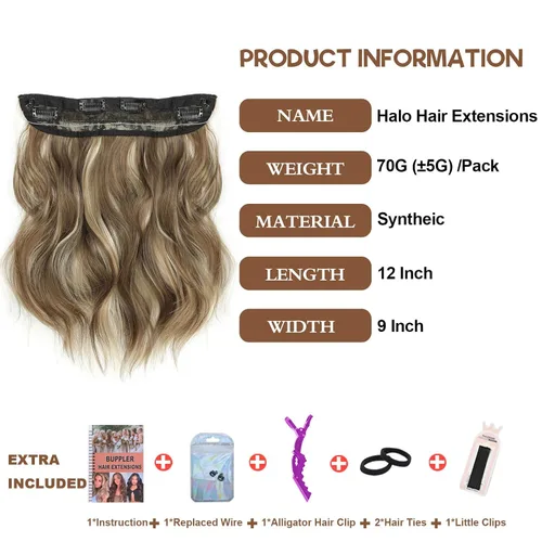 Miniatura 2 de Extensiones de cabello con halo de 12 pulgadas con alambre invisible, cabello largo ondulado ajustable, sintético, mejora con 4 clips de seguridad