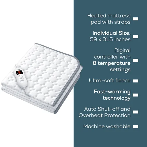 Miniatura 7 de Beurer UWB55 - Cubrecolchón térmico con 8 ajustes de temperatura y forro polar ultrasuave, 59 x 31.5 pulgadas, calentador de cama eléctrico