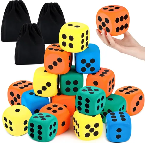 Miniatura 8 de Meooeck Paquete de 18 dados grandes de espuma de 2.48 pulgadas, coloridos dados jumbo con bolsa de almacenamiento para actividades educativas