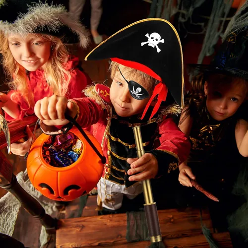 Miniatura 5 de Telescopio monocular pirata, mapa del tesoro, brújula, sombrero pirata, estampado de calavera, disfraz de capitán, 5 piezas de recuerdos de fiesta