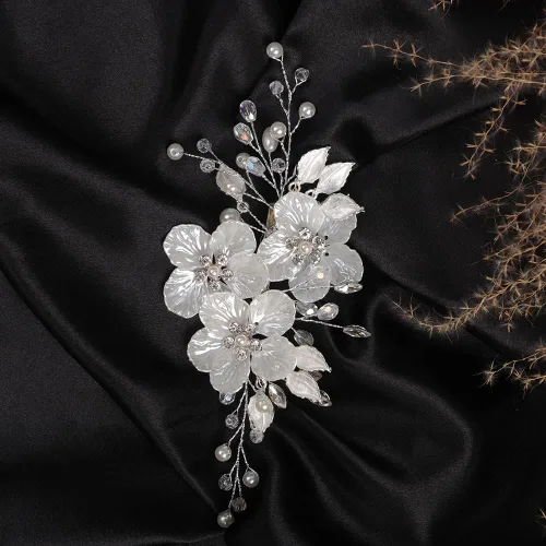Miniatura 7 de Jumwrit Pinza para el pelo nupcial con diamantes de imitación, pinza de pelo de flor blanca para novias, damas de honor, tocado de perlas hechas a
