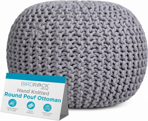 Miniatura 11 de BIRDROCK HOME Puf Otomano Redondo Taburete de Pie de Algodón Trenzado con Relleno de Frijoles Reposapiés Bohemio para Sala de Estar y Dormitorio