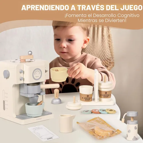 Miniatura 4 de Pithfor - Juego de simulación de café de madera para niños con molinillo, juguete de cafetera para niños y niñas, accesorios y electrodomésticos