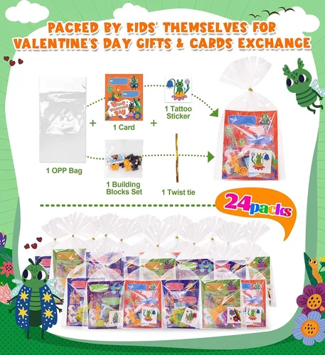 Miniatura 4 de Colplay Paquete de 24 regalos para el día de San Valentín, bloques de construcción de insectos con tarjetas de San Valentín, calcomanías