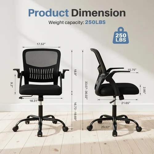 Miniatura 3 de DUMOS Silla de Oficina para Hogar y Computadora - Ergonómica con Respaldo Medio y Soporte Lumbar y Modo de Balanceo, Altura Ajustable con Brazo