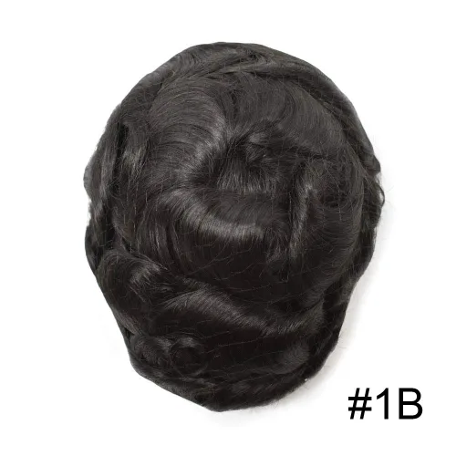 Miniatura 2 de Toupee para hombres Sistema de reemplazo de cabello de polietileno completo europeo Cabello humano para hombre Toupee 0.004 in Piel duradera PU