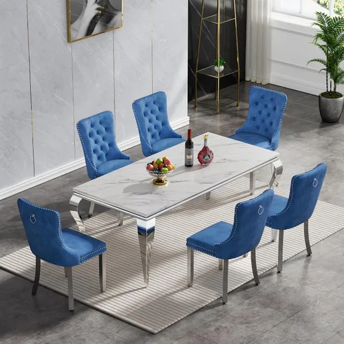 Miniatura 22 de Moderno juego de mesa de comedor de mármol sintético de 68.11 pulgadas para 6, mesa de comedor de mármol blanco y plateado con 6 sillas de Blanco