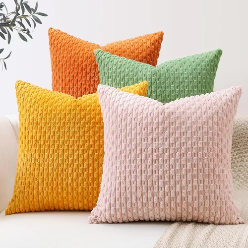 Miniatura 15 de OTOSTAR Juego de 4 fundas de almohada decorativas de pana suave de 16 x 16 pulgadas, fundas de almohada cuadradas a rayas bohemias para decoración