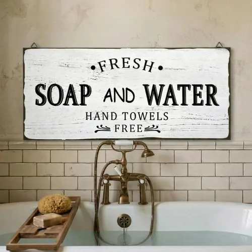 Jetec Decoración de baño de granja, letrero de jabón fresco y agua, placa de madera vintage para baño, decoración de pared rústica para decoración