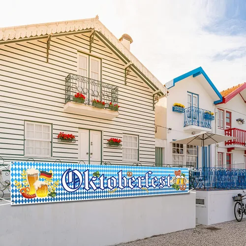 Miniatura 5 de Bandera del Oktoberfest, decoración bávara azul y blanca del Oktoberfest, 19.7*118.1 in, 1pc con cuerda de 19.7 ft