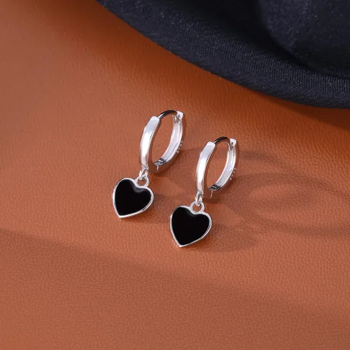 Miniatura 5 de SLUYNZ Aretes de aro de plata de ley con corazón negro para mujeres, adolescentes y niñas, aretes de aro con forma de corazón