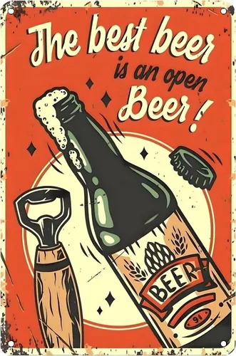 Letreros de bar vintage o decoración de cueva de hombre con texto en inglés "The best beer is an open beer!" Divertidos regalos de cerveza duraderos