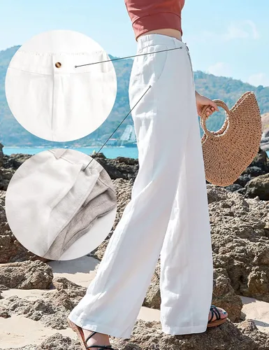 Miniatura 2 de Hooever Pantalones casuales de lino y algodón para mujer, con botones, cintura alta, pierna ancha