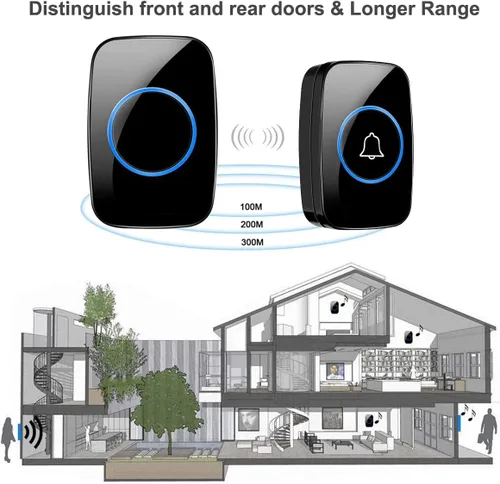 Miniatura 2 de Timbre inalámbrico, kit de timbre de puerta impermeable, distingue puertas delanteras y traseras, alcance de más de 1000 pies y 60 melodías, 5 Negro