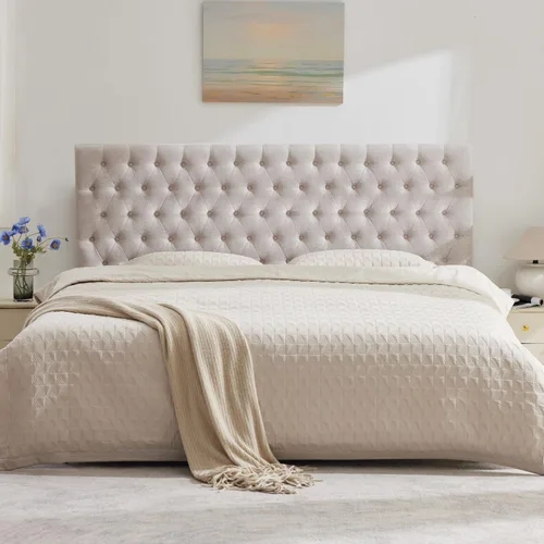 Miniatura 22 de Kingfun Cabeceras con diseño moderno de botones, cabecera de cama tapizada y acolchada de tela de lino premium, cabecera de madera maciza ajustable