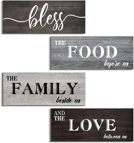 Creoate 4 letreros de amor para la familia con la bendición de alimentos para la cocina, decoración rústica de casa de campo, decoración colgante de