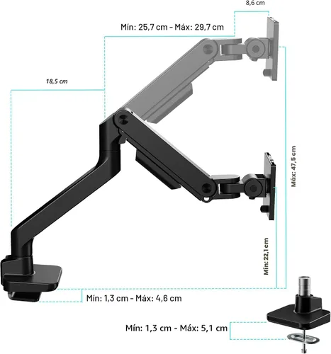 Miniatura 8 de ARES WING Brazo de monitor ultraancho para pantalla curvada de servicio pesado de 17 a 49 pulgadas, soporta 44 libras, brazo de monitor ajustable
