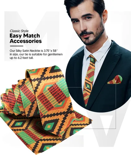 Miniatura 38 de Juego de corbata Kente con estampado africano y animal y pañuelo de bolsillo a juego