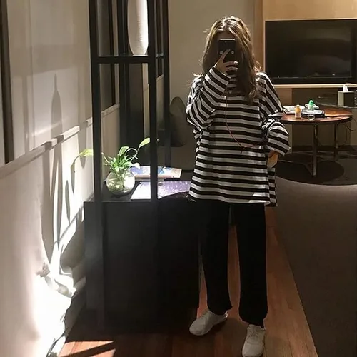 Miniatura 3 de Chvity Harajuku - Camisetas de manga larga para mujer, estilo casual, cuello redondo, bloque de color, rayas