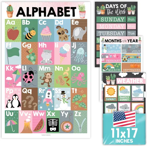 Miniatura 9 de Hadley Designs Calendario de 4 alfabetos, meses del año, clima, días de la semana para niños, tabla ABC para pared para niños pequeños, gráficos