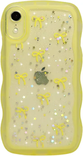 Miniatura 96 de Qokey Funda para iPhone 12 Pro Max de 6.7 pulgadas, diseño de onda rizada, borde transparente, brillante con purpurina, estrella brillante, bonita