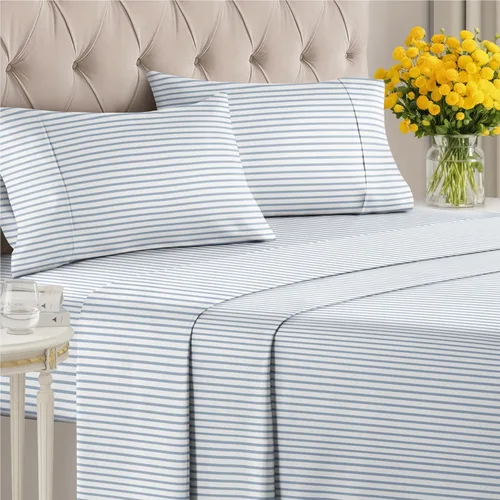 Miniatura 2 de Sábanas con diseño de rayas - Sábanas azules y blancas con rayas - 1 sábana encimera, 1 sábana bajera y 2 fundas para almohadas con bolsillos 17