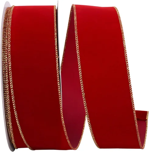Cinta Reliant Ribbon 92270W-957-40K Value Velvet con borde de alambre, 2-1/2 pulgadas x 50 yardas, escarlata/oro