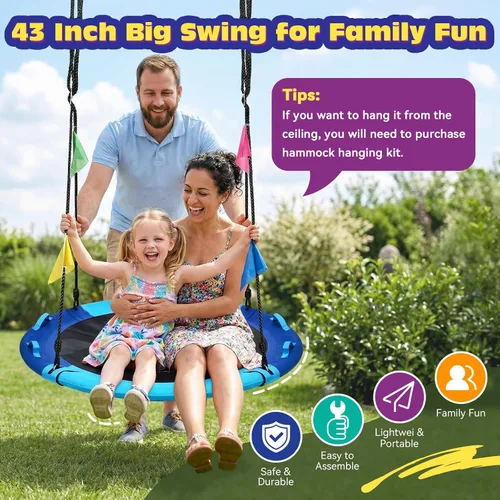 Miniatura 6 de HeyZoo Columpio de Árbol de 43 Pulgadas, Conjunto de Columpio de Platillo para Niños con Capacidad de Peso de 408 Kilos, Incluye Giratorio de 360
