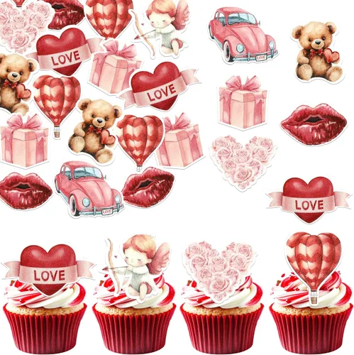 Miniatura 24 de Rsstarxi Paquete de 24 adornos para cupcakes para el día de San Valentín, con purpurina roja, dulce amor, para cupcakes, decoración de San Valentín