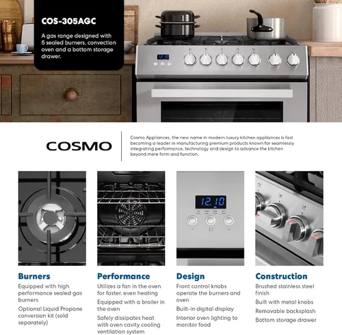Miniatura 3 de COSMO COS-305AGC - Cocina independiente de gas para horno individual de 30 pulgadas y 5.0 pies cúbicos con placa de cocina de 5 quemadores
