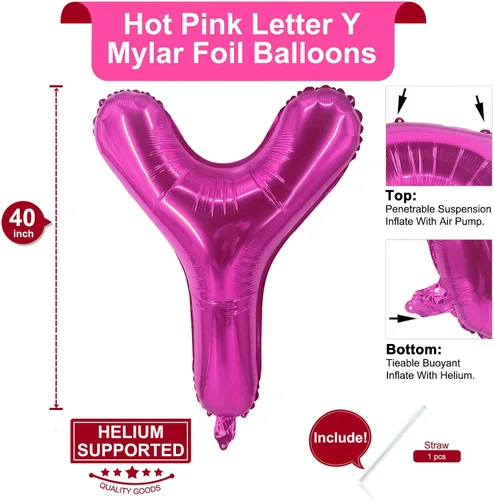 Miniatura 2 de Lovoir Globos grandes de 40 pulgadas de color rosa intenso con la letra Y de gran tamaño, globo de helio de aluminio de Mylar para decoración