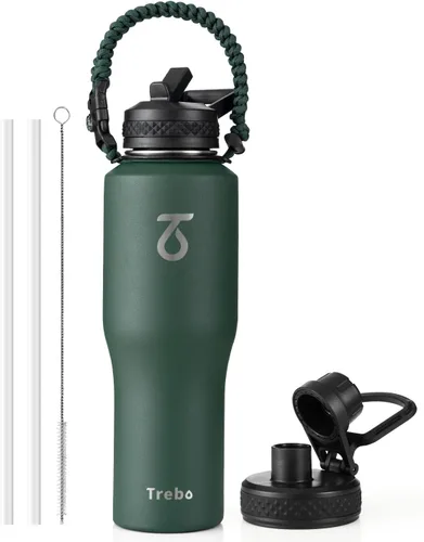 Miniatura 13 de Trebo Botella de agua de 40 onzas con aislamiento que cabe en portavasos de automóvil con asa, botellas de agua de acero inoxidable vaso con tapas