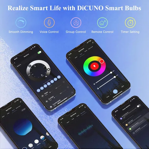 Miniatura 6 de DiCUNO Bombillas inteligentes, bombilla cambiante a todo color, compatible con Alexa, Google Assistant, no requiere concentrador, RGBCW multicolor